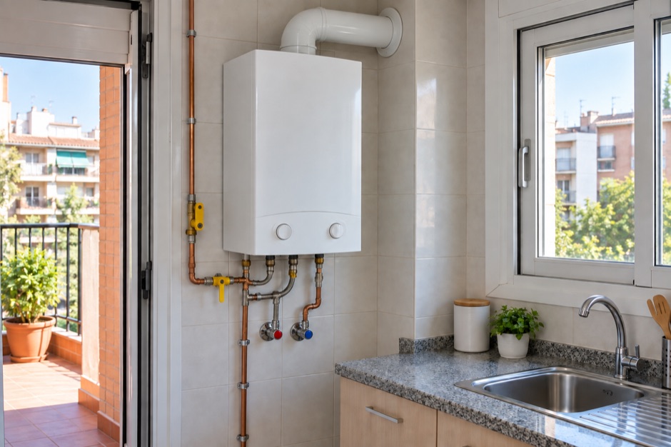 Calentador de gas blanco recién instalado en la pared alicatada de una cocina, con la salida de humos y las llaves de gas y agua debajo.