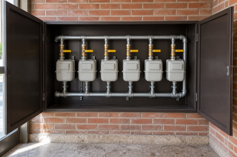 Armario metálico abierto en el portal de un edificio con varios contadores de gas en fila, llaves de corte amarillas y tubería de acero; sin personas.